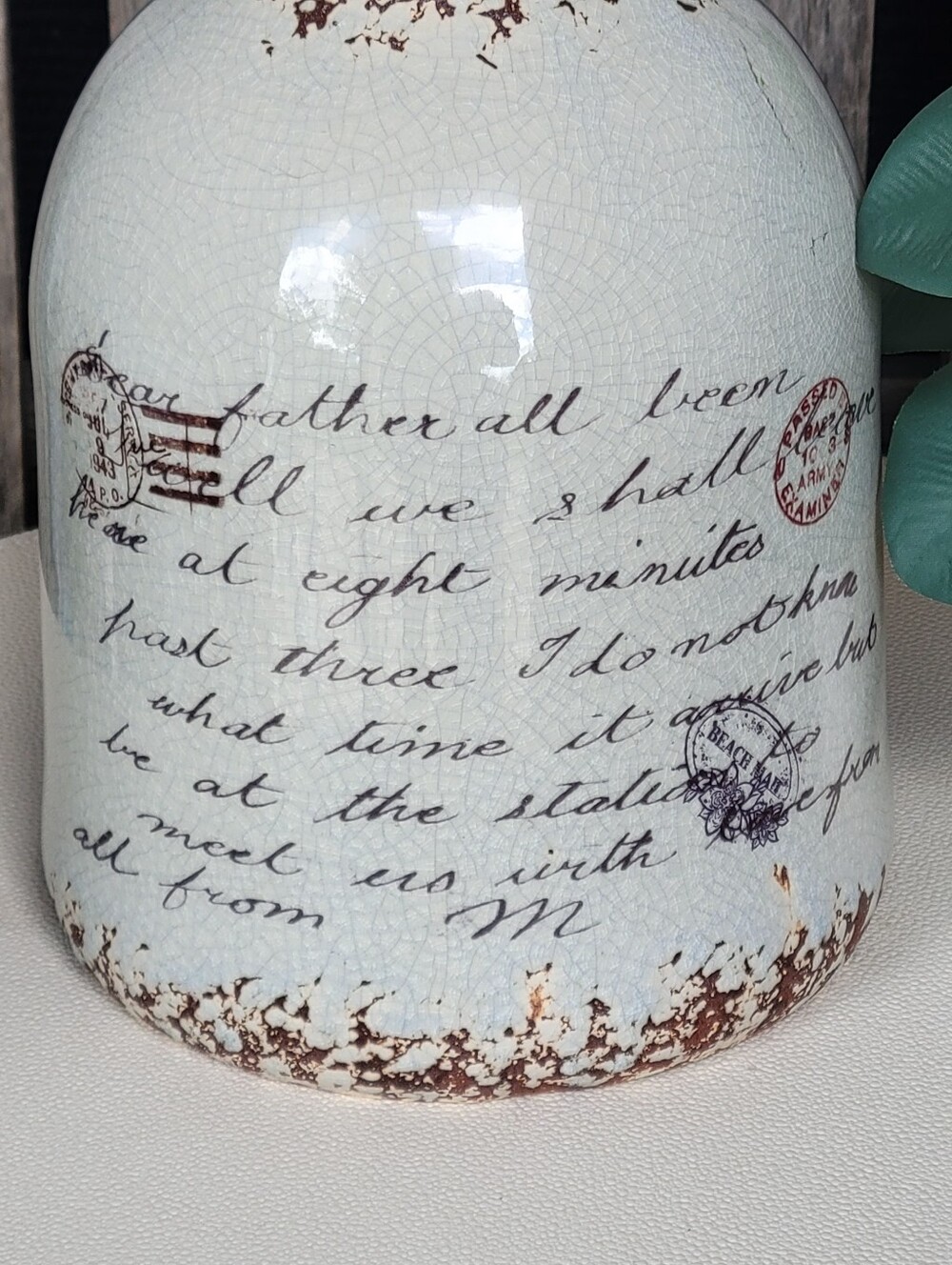 Deco 79 Vintage Script Ceramic Bottle Vase in Cream and Brown - Picture 2 of 7